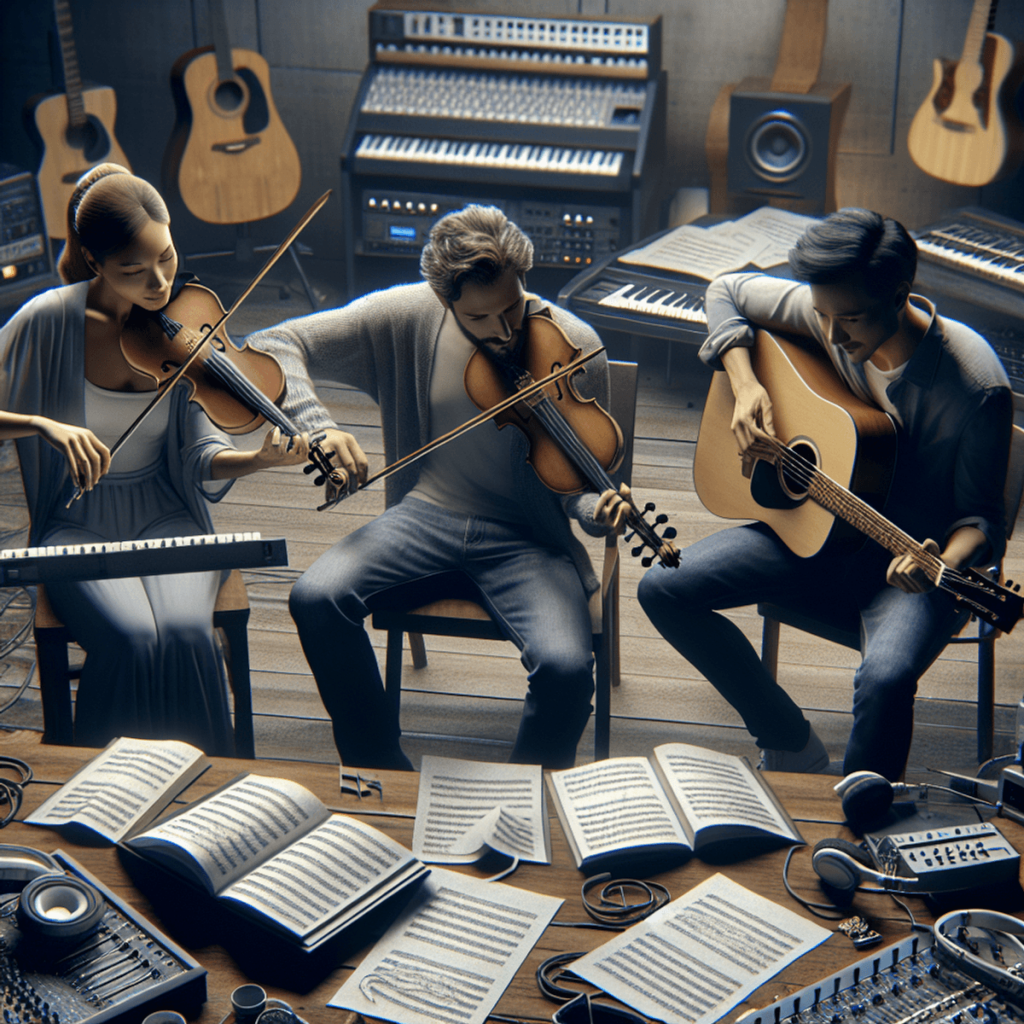 A group of three musicians in a studio setting: a Caucasian woman playing the violin, a Hispanic man playing the guitar, and an Asian woman at the pia