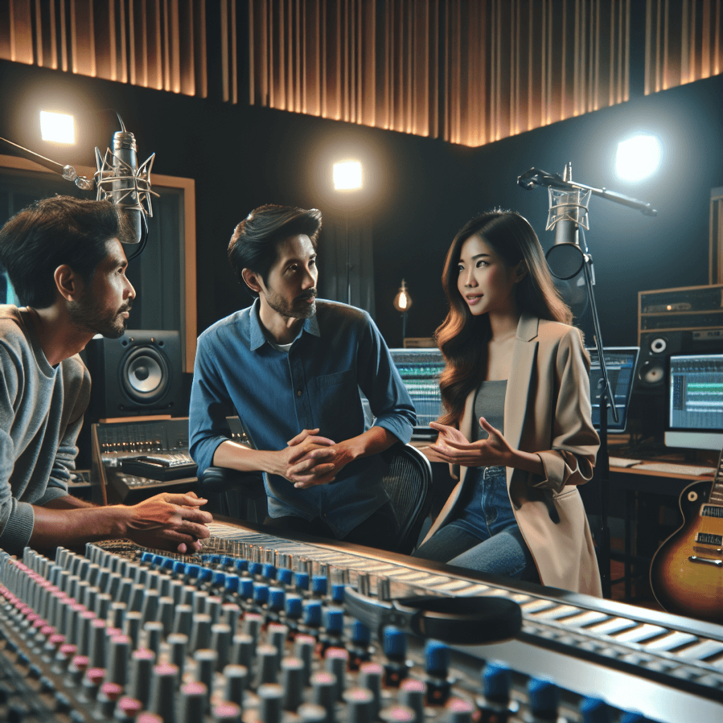 A Caucasian man and an Asian woman are engaged in a spirited discussion inside a modern recording studio, surrounded by an array of professional sound