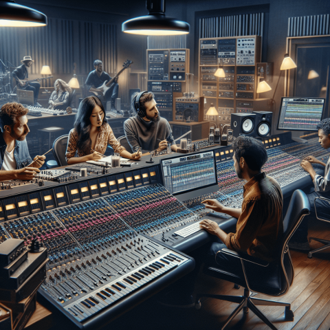 A vibrant recording studio filled with musical instruments and advanced sound equipment, showcasing three music producers: a Caucasian male producer e