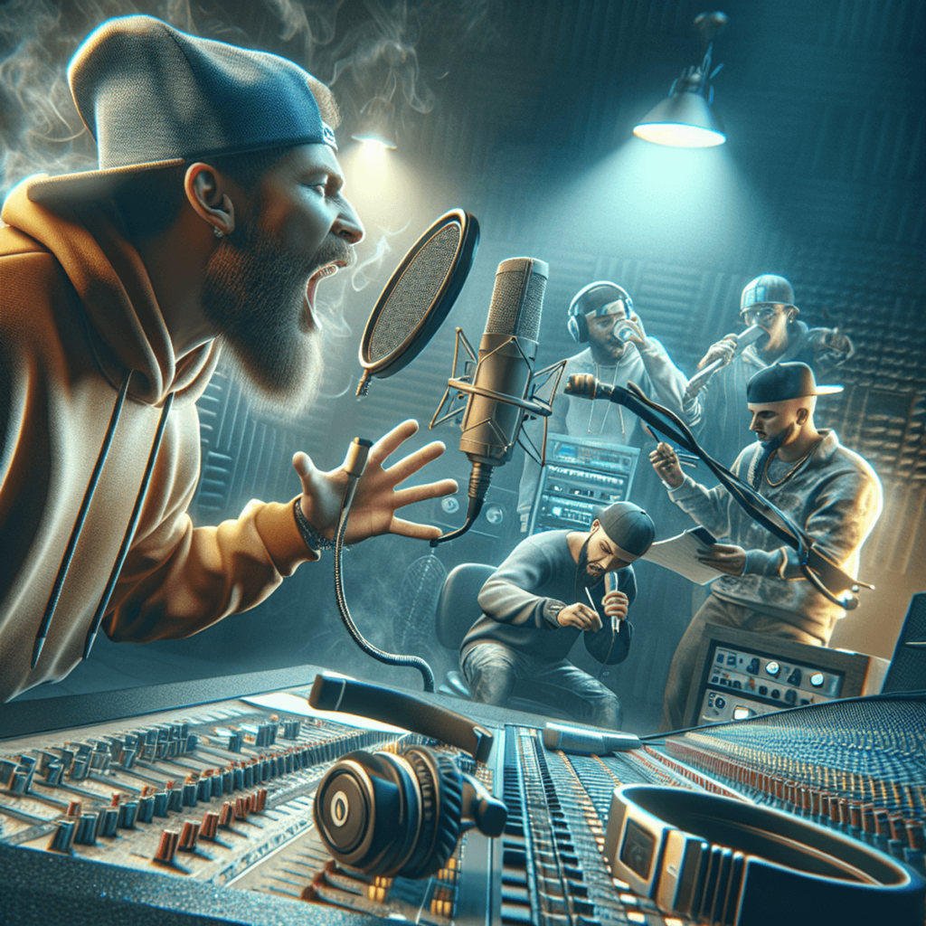 A lively recording studio scene featuring a Caucasian rapper passionately rapping into a Shure SM7B microphone, with a Hispanic rapper in the backgrou