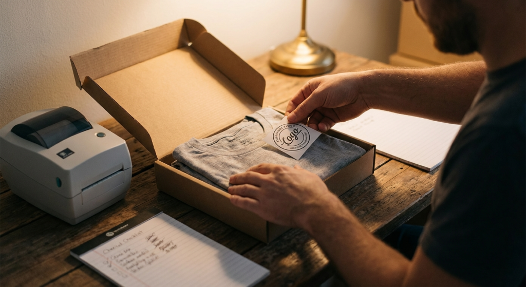 Packing an artist merch order with a checklist and label printer