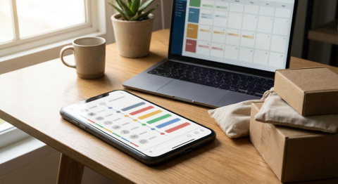 Post-release follow-up planning with an email schedule, content calendar, and merch packages ready to ship