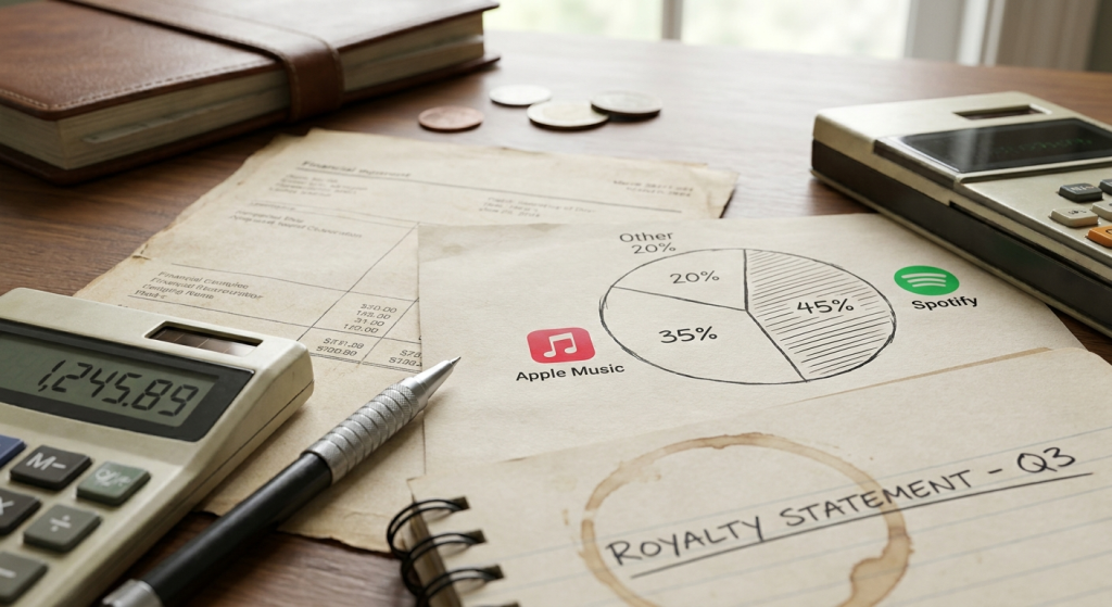 Streaming royalty documents and financial paperwork showing music industry revenue breakdown