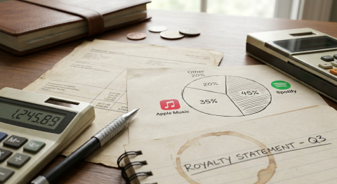 Streaming royalty documents and financial paperwork showing music industry revenue breakdown