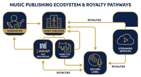 Music publishing workflow diagram showing the relationship between songwriters, publishers, PROs, and various rights organizations