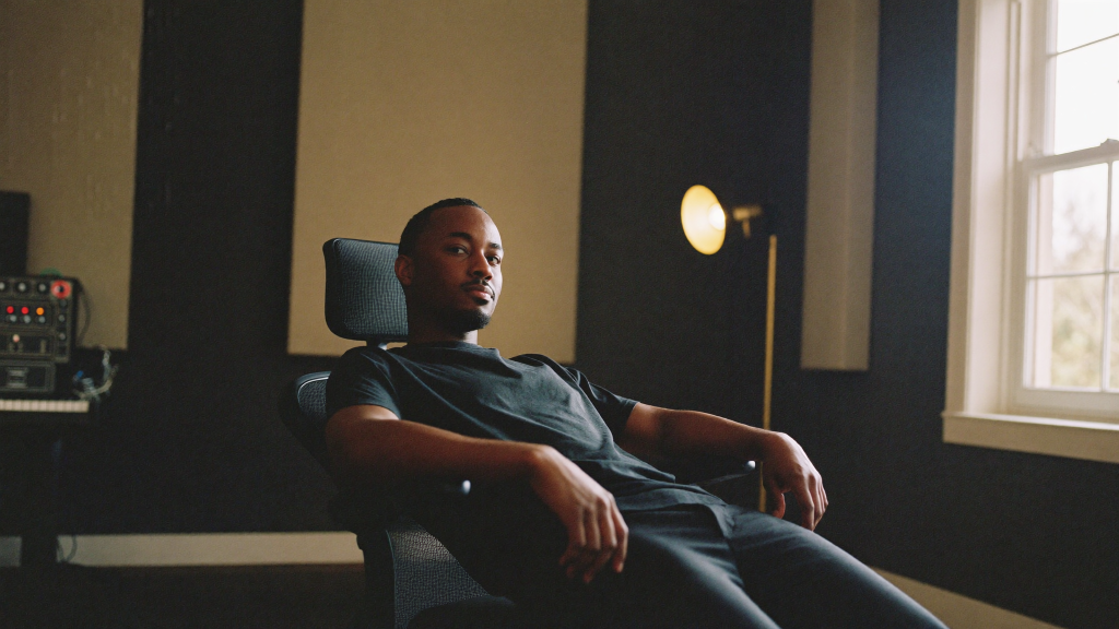 Independent musician sitting back calmly in a home recording studio in morning light