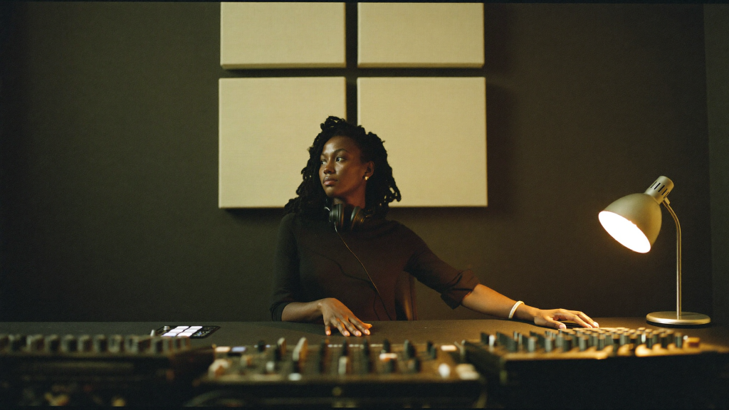 DistroKid vs TuneCore vs UnitedMasters vs Amuse: Music Distribution Compared (2026) 6 Independent artist sitting at a studio console with headphones around her neck