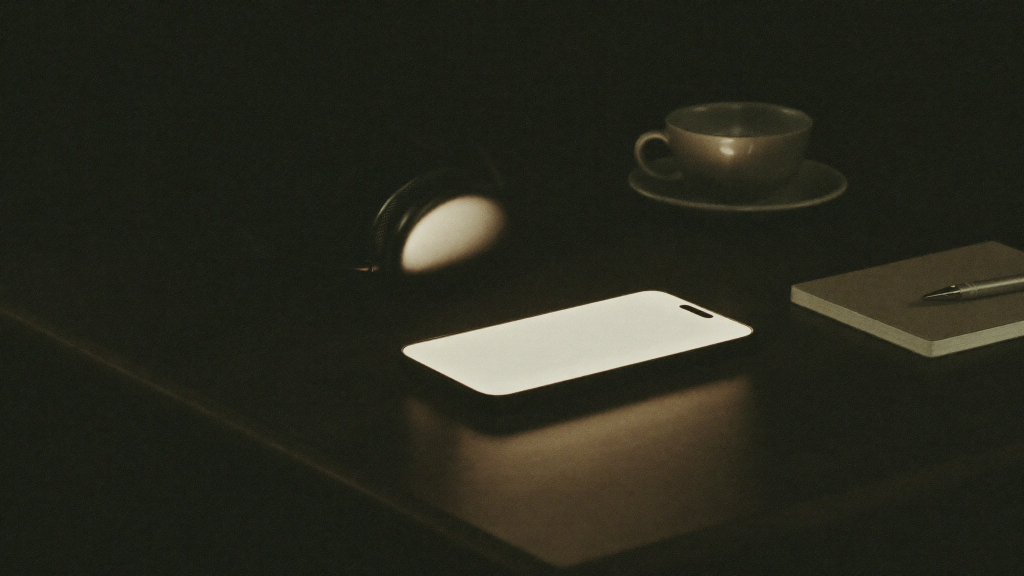 DistroKid vs TuneCore vs UnitedMasters vs Amuse: Music Distribution Compared (2026) 5 Phone glowing on a dark studio desk beside headphones, a notebook and a coffee cup