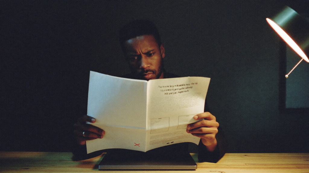 Music Publishing 101: Performance, Mechanical and Sync Rights Explained 4 Independent artist reading a printed publishing document at a dim studio desk