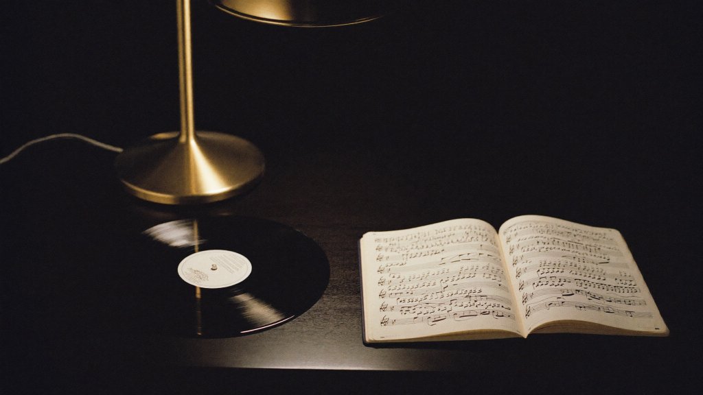 Music Publishing 101: Performance, Mechanical and Sync Rights Explained 5 A vinyl record and an open book of musical notation side by side on a desk, representing the master recording and the composition