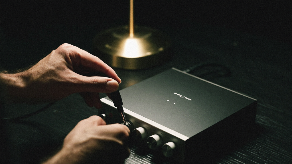 Hands plugging an XLR cable into the front of a desktop audio interface
