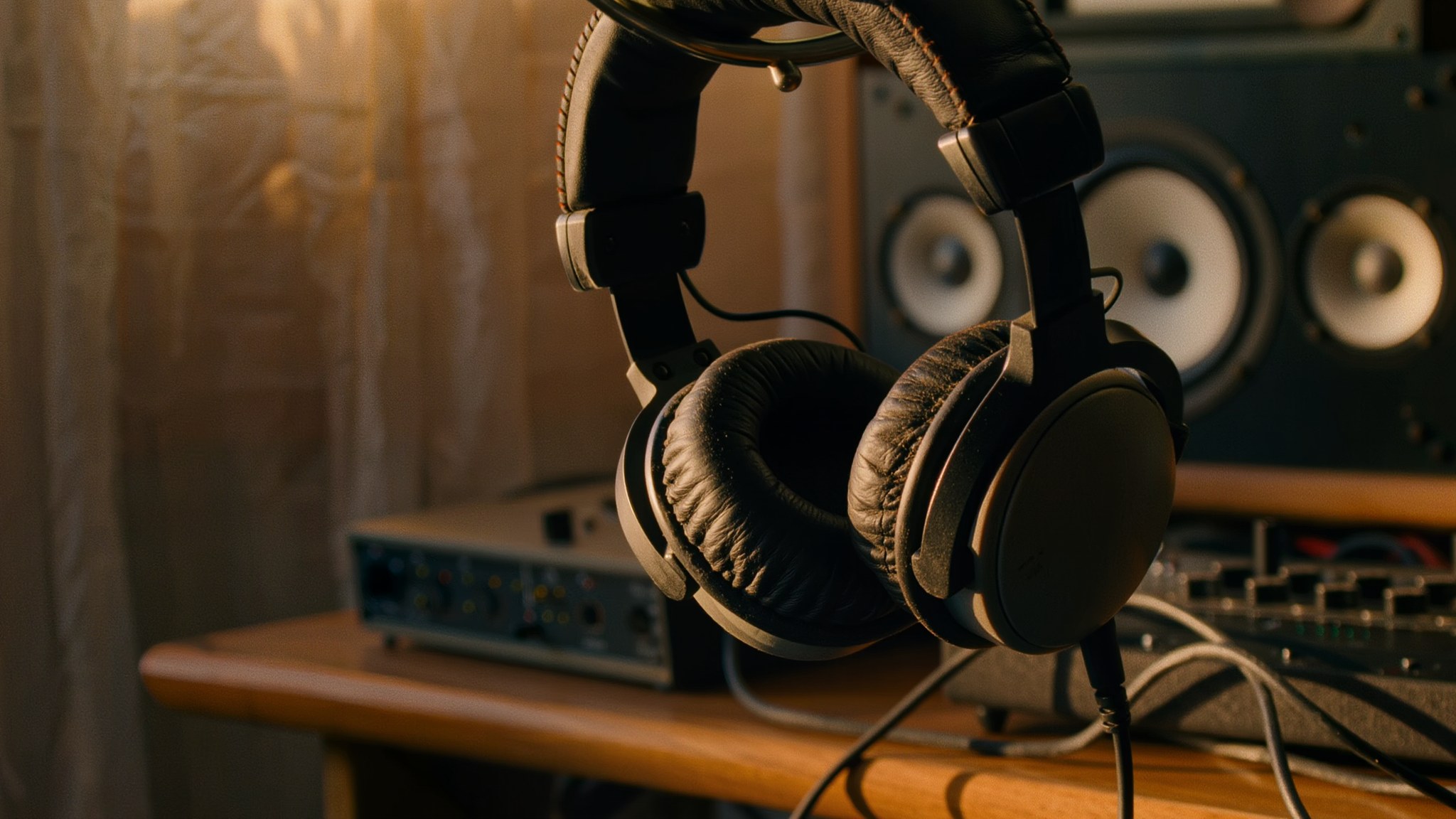 Well-used studio headphones resting on a desk beside an audio interface and studio monitor in warm afternoon light