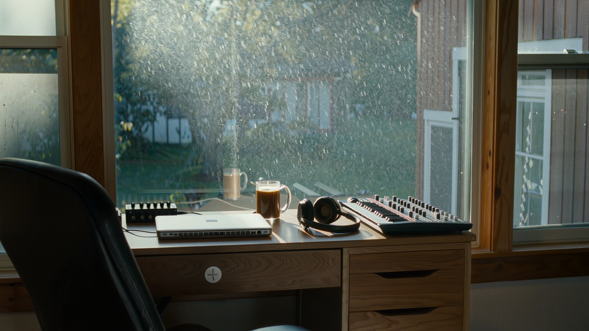 An empty home studio desk in clear morning daylight with headphones, a cold coffee mug and a closed laptop