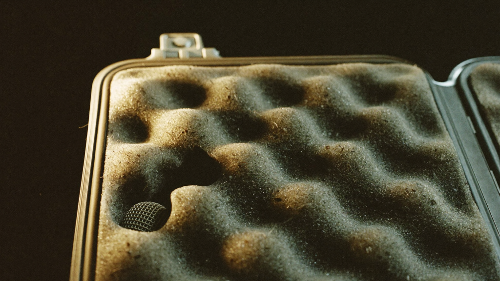 An open hard case lined with foam cutouts, one microphone in place and one cutout empty