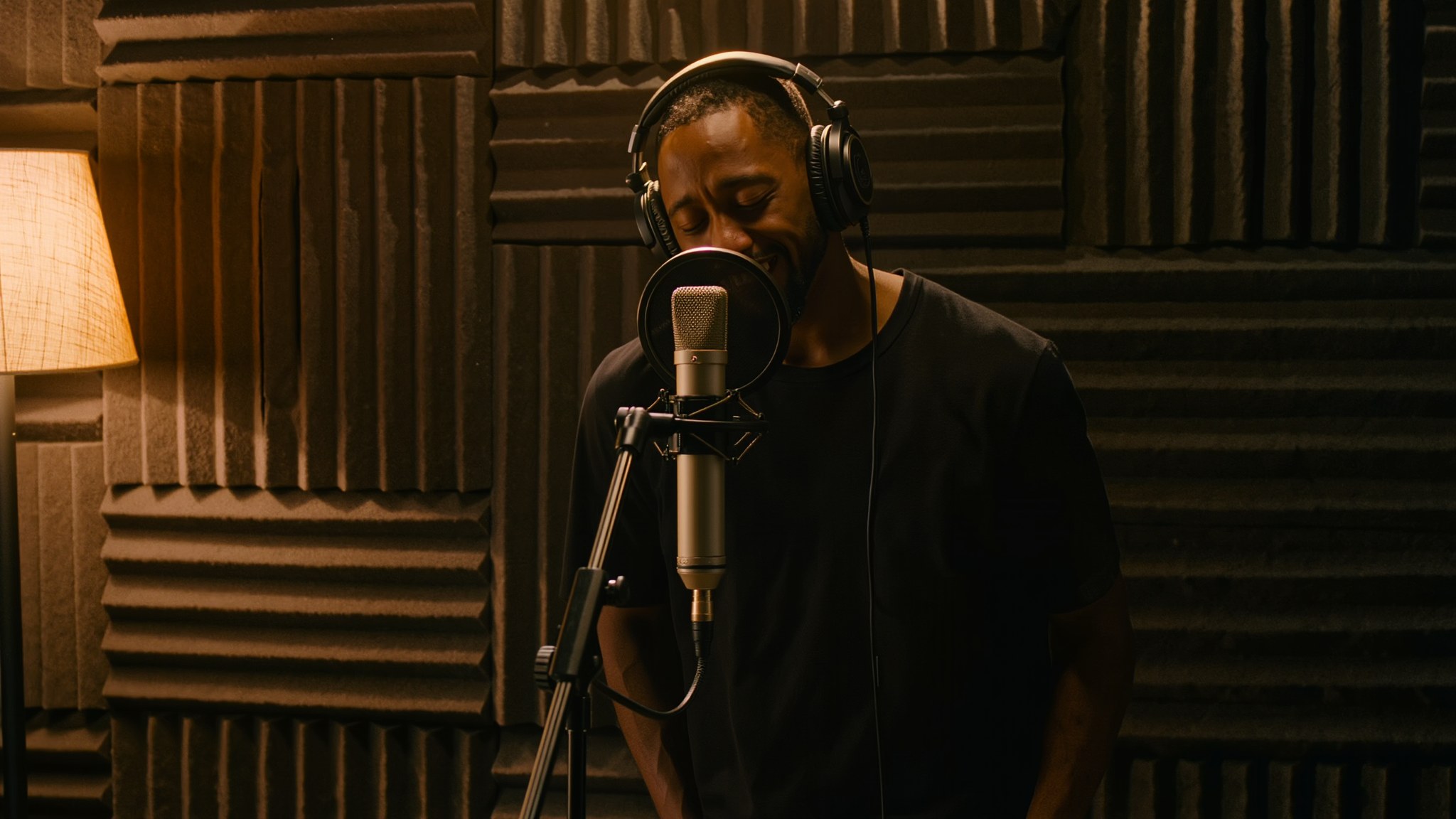 Independent artist recording a vocal take at a condenser microphone in a foam-panelled home studio